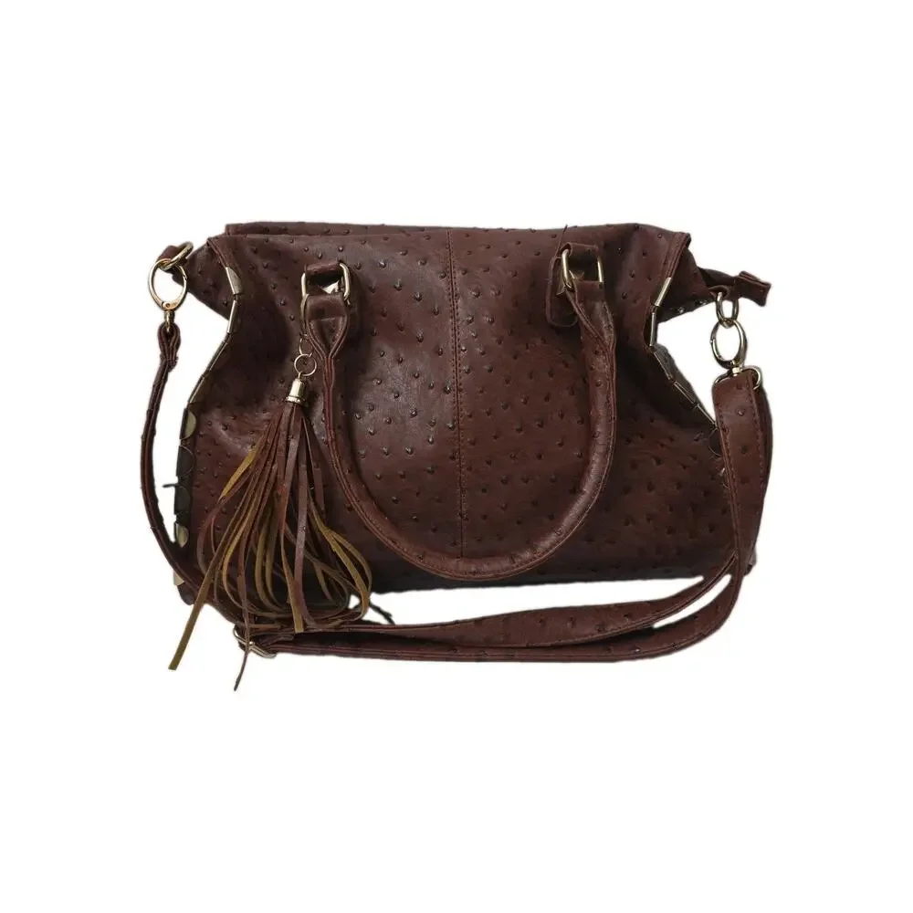 Imoshion Brown Ostrich Embossed Satchel Crossbody Large Bag Tassel Studded Purse